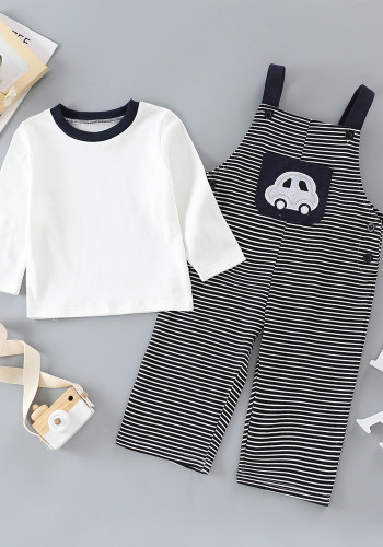 Boy Spring White Round Neck Long Sleeve T-Shirt And Stripe Overalls Two Piece Set