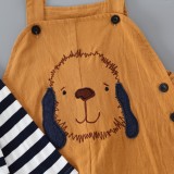 Boy Spring Stripe Round Neck Long Sleeve T-Shirt And Cute Dog Print Overalls Two Piece Set