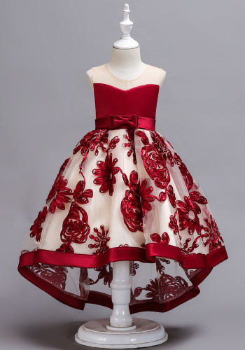 Girl Summer Lovely Red Sleeveless Round Neck Embroidery Wedding Flower Girl Trailing Dress