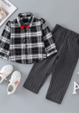 Boy Spring Plaid Turndown Collar With Bow Long Sleeve Shirt And Stripe Pant Two Piece Set