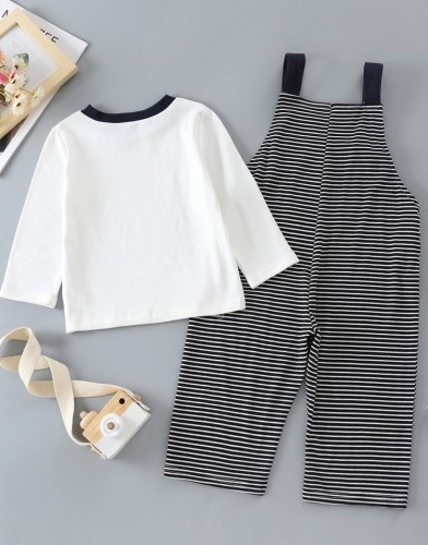 Boy Spring White Round Neck Long Sleeve T-Shirt And Stripe Overalls Two Piece Set