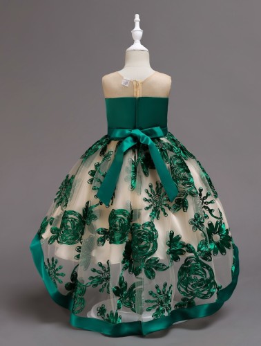 Girl Summer Lovely Green Sleeveless Round Neck Embroidery Wedding Flower Girl Trailing Dress