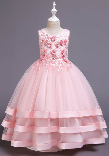 Girl Summer Lovely Pink Sleeveless Round Neck Lace Flower Emb Wedding Flower Performance Girl Layered Dress