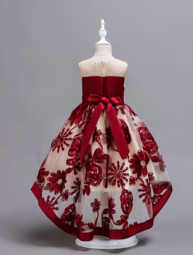 Girl Summer Lovely Red Sleeveless Round Neck Embroidery Wedding Flower Girl Trailing Dress