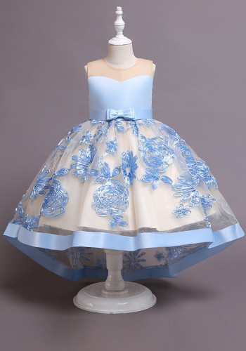 Girl Summer Lovely Blue Sleeveless Round Neck Embroidery Wedding Flower Girl Trailing Dress