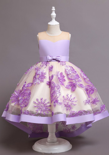 Girl Summer Lovely Purple Sleeveless Round Neck Embroidery Wedding Flower Girl Trailing Dress