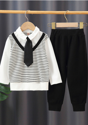 Girl Spring Preppy Style Stripe Turndown Collar Long Sleeve False Two Tops And Pant Two Piece Set