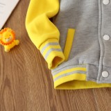 Boy Winter Grey Contrast Yellow Long Sleeve Rib Collar Button Baseball Jacket