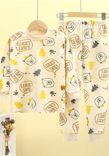 Boy Spring All Over Print Round Neck Long Sleeve Print Top And Print Pant Pajama Two Piece Set
