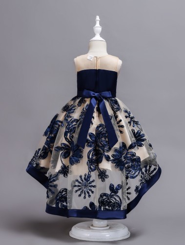 Girl Summer Lovely Blue Sleeveless Round Neck Embroidery Wedding Flower Girl Trailing Dress