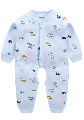 Baby Boy Blue Print Long Sleeves Open Seat Buttoned Rompers