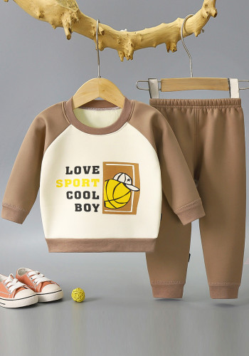 Kids Boy Spring Brown Print Shirt and Pants Two Piece Set