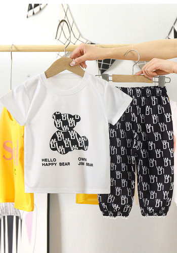 Kids Girl White and Black Print Summer Shirt and Pants Two Piece Set