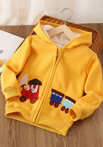 Kids Boy Spring Yellow Car Printed Hooded Jacket