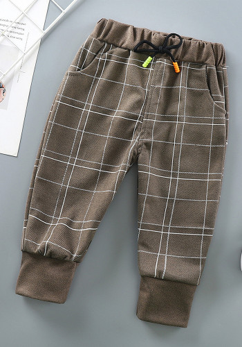 Kids Boy Spring Brown Plaid Print Pocketed Pants