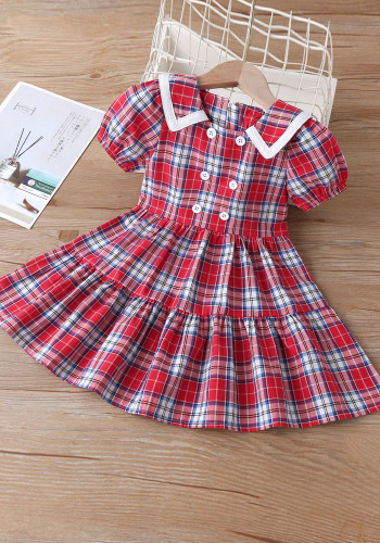 Kids Girl Summer Plaid Printed Turndown Collar Short Sleeve Princess Dress