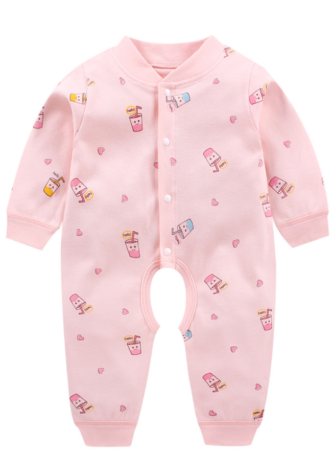 Baby Girl Pink Print Long Sleeves Open Seat Buttoned Rompers