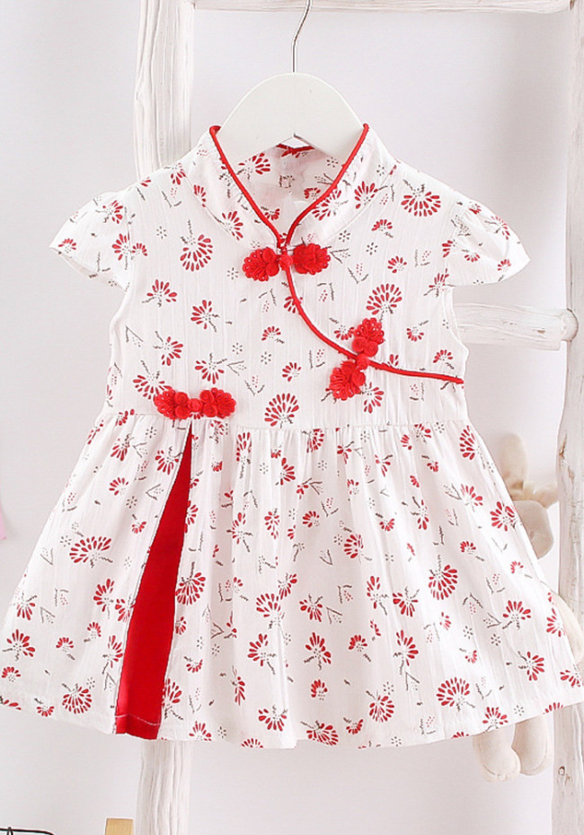 Girl Summer Red Flower Print Short Sleeve Mandarin Collar Dress