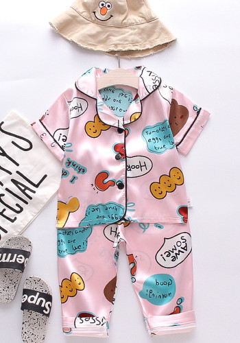 Girl Summer Pink Print Turndown Collar Short Sleeve Top And Shorts Pajama Two Piece Set