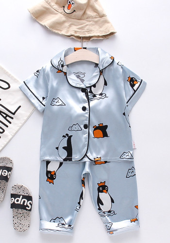 Boy Summer Penguin Print Turndown Collar Short Sleeve Top And Shorts Pajama Two Piece Set