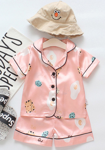 Girl Summer Pink Egg Print Turndown Collar Short Sleeve Top And Shorts Pajama Two Piece Set