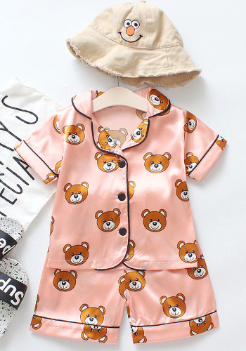 Girl Summer Pink Cartoon Bear Print Turndown Collar Short Sleeve Top And Shorts Pajama Two Piece Set