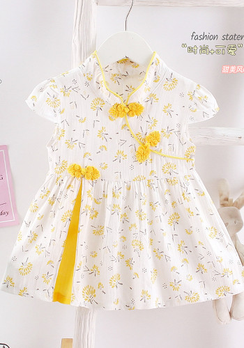 Girl Summer Yellow Flower Print Short Sleeve Mandarin Collar Dress