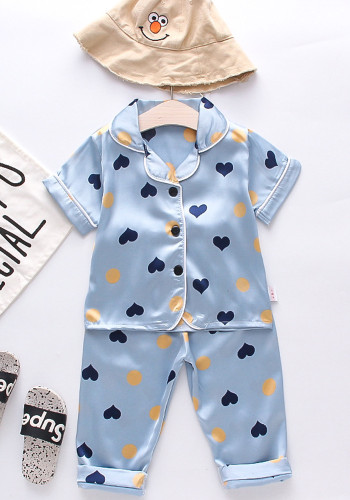 Boy Summer Blue Heart Print Turndown Collar Short Sleeve Top And Shorts Pajama Two Piece Set