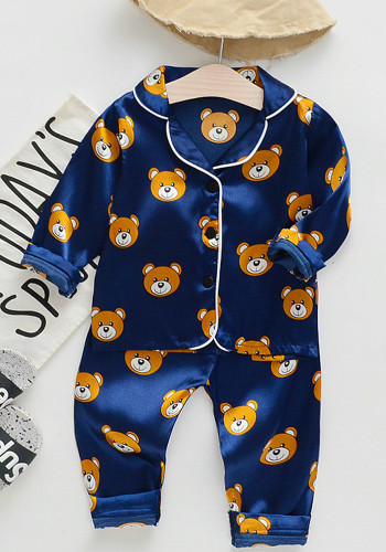 Boy Summer Blue Cartoon Bear Print Turndown Collar Long Sleeve Top And Pant Pajama Two Piece Set