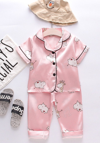 Girl Summer Pink Print Turndown Collar Short Sleeve Top And Shorts Pajama Two Piece Set