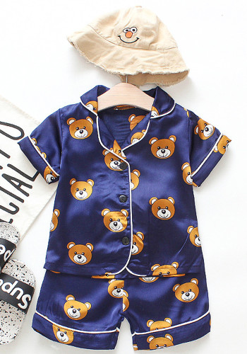 Boy Summer Blue Cartoon Bear Print Turndown Collar Short Sleeve Top And Shorts Pajama Two Piece Set