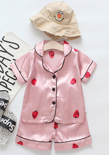 Girl Summer Pink Strawberry Print Turndown Collar Short Sleeve Top And Shorts Pajama Two Piece Set