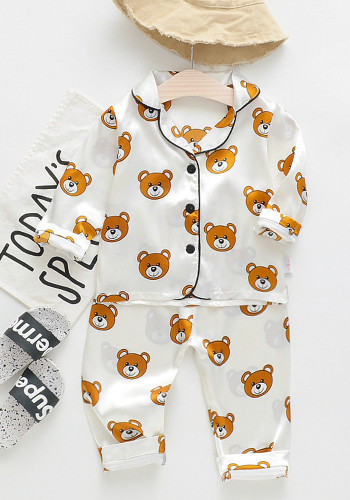 Boy Summer White Cartoon Bear Print Turndown Collar Long Sleeve Top And Pant Pajama Two Piece Set