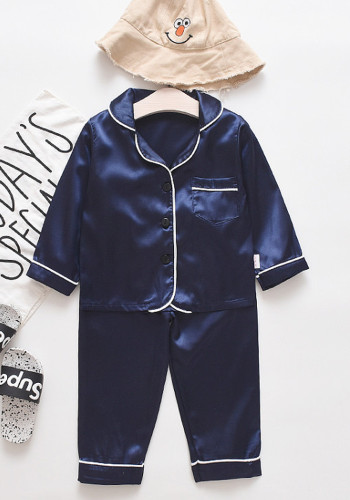 Boy Summer Blue Soild Turndown Collar Long Sleeve Top And Pant Pajama Two Piece Set
