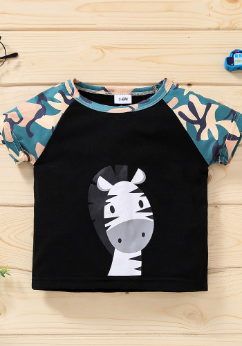 Baby Boy Summer Black Cute Print Contrast Army Print Short Sleeve T-Shirt