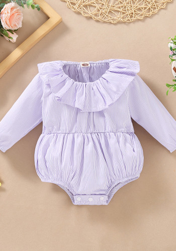 Baby Girl Spring Purple Stripe Ruffles Collar Long Sleeve Romper