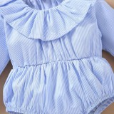 Baby Girl Spring Blue Stripe Ruffles Collar Long Sleeve Romper