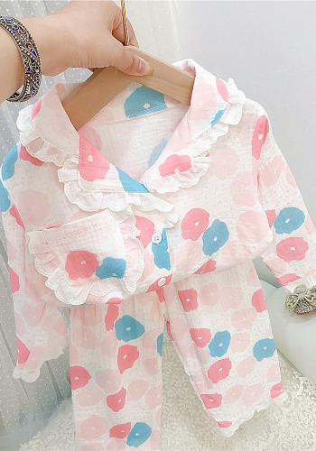 Girl Spring Long Sleeve Print Button Open Top And Pant Pajama Two Piece Set