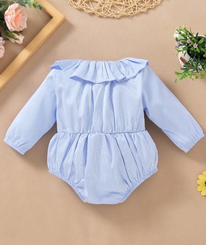 Baby Girl Spring Blue Stripe Ruffles Collar Long Sleeve Romper