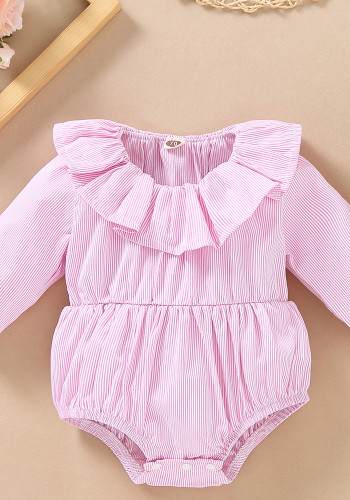Baby Girl Spring Pink Stripe Ruffles Collar Long Sleeve Romper