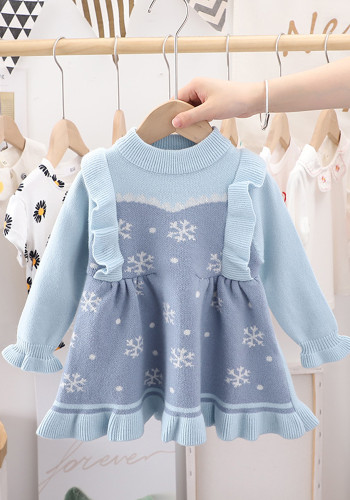 Baby Girl Winter Blue Snow Round Neck Long Sleeve Ruffled Sweater Dress