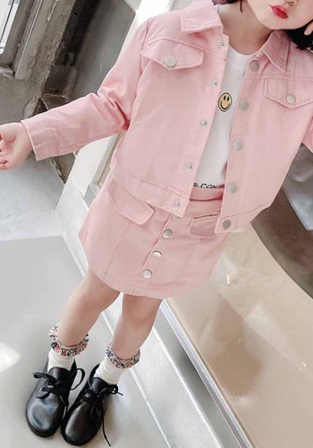 Kids Girl Spring Pink Button Up Long Sleeve Jacket and Skirt Two Piece Set