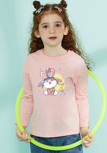 Kids Girl Spring Cartoon Print Pink O-neck Long Sleeve T-Shirt