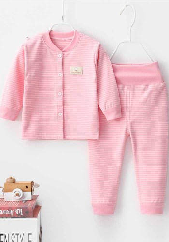 Baby Girl Spring Pink Stripes Long Sleeve High Waist Two Piece Pajamas Set