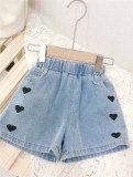 Kids Girl Light Blue Love-shaped Embroidered Loose Denim Shorts