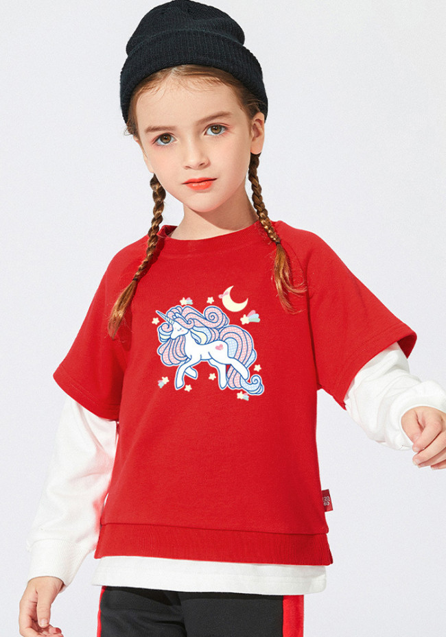 Kids Girl Spring Cartoon Print Red Long Sleeve False Two Piece Sweatshirt