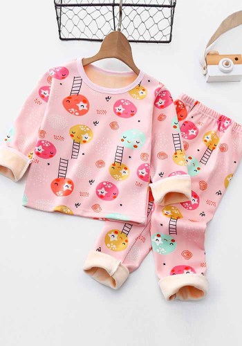 Kids Girl Winter Cartoon Print Pink Round Neck Fleece Pullover Two Piece Pajamas Set