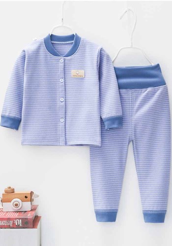 Baby Boy Spring Blue Stripes Long Sleeve High Waist Two Piece Pajamas Set