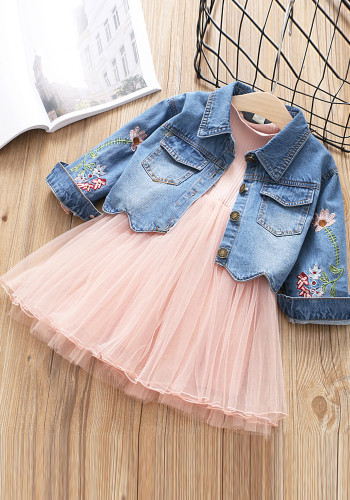 Kids Girl Blue Embroidered Long Sleeve Jacket and Pink Princess Dress Two Piece Set