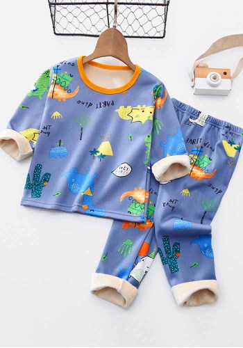 Kids Boy Winter Cartoon Print Blue Round Neck Fleece Pullover Two Piece Pajamas Set